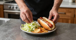 hot dogs with vinegared iceberg and potato chips